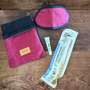 Someone Somewhere Travel Amenity Kit Fuchsia Navy Woven Bag Eye Mask Humble Co
